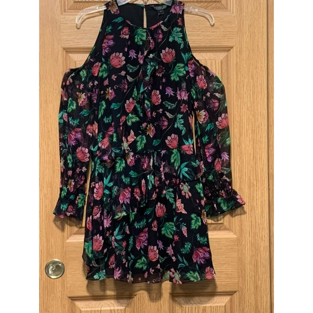 Rachel Zoe Floral Silk Cold Shoulder Dress Womens 4 Black Pink NWT Ruffle